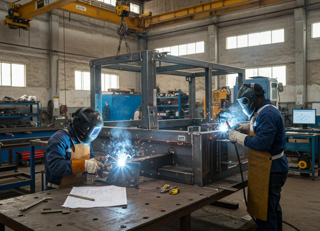 Custom metal fabrication of waste management equipment at Nigerian facility showing welding and steel assembly
