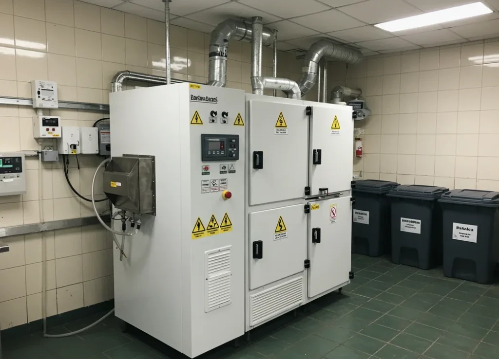 Medical waste incinerator system installed at Nigerian hospital facility showing controlled air combustion chambers and safety features
