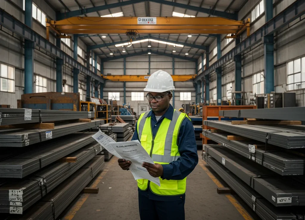 Nigerian steel supplier warehouse showing quality inspection of stainless steel and carbon steel sheets with ASTM certification documents