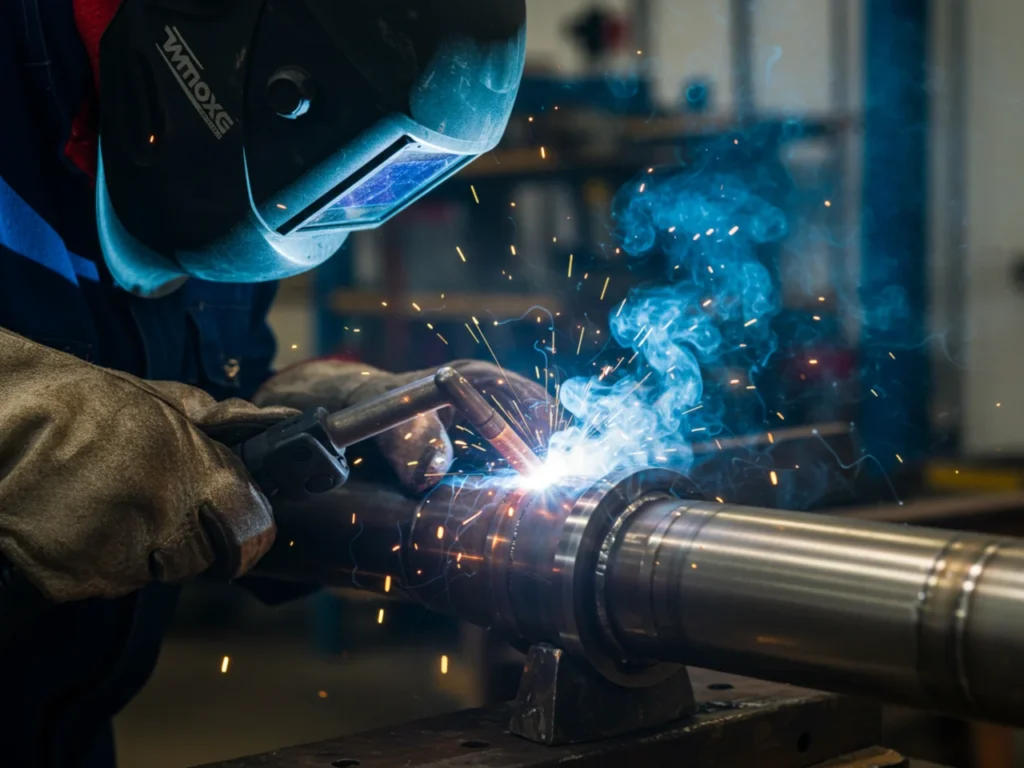 Professional TIG welding of stainless steel pipe in Nigerian fabrication workshop