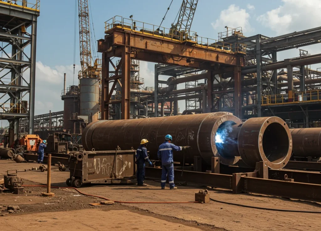 Industrial fabrication facility in Port Harcourt with workers inspecting welded steel components for oil and gas projects
