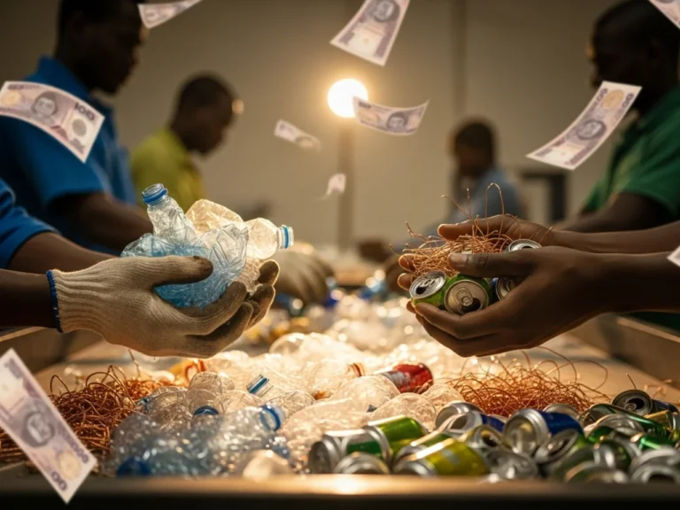 Recycling business in Nigeria: Close-up of diverse Nigerian hands sorting recyclable materials including PET bottles, aluminum cans, and copper wires on a sorting table, with transparent naira notes overlay symbolizing the profitable waste-to-wealth transformation
