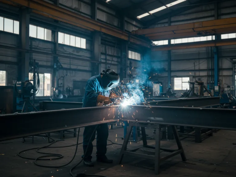 Professional welder working on steel structure inside a modern metal fabrication workshop in Port Harcourt, Nigeria.