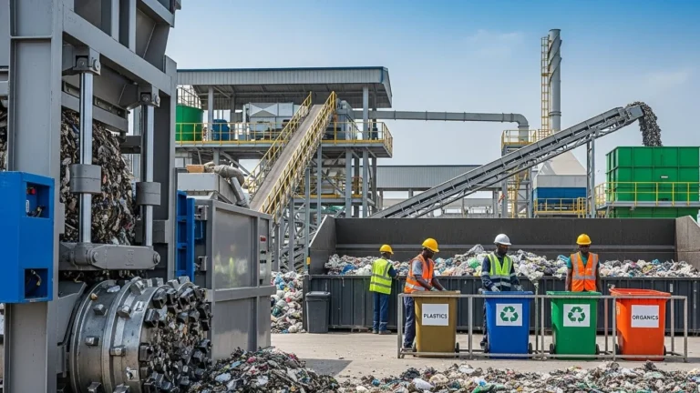 Modern solid waste management equipment and operations in Nigeria featuring industrial compactors, recycling systems, and NESREA-compliant processing facilities