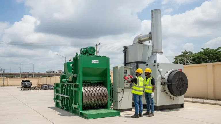 Two engineers inspecting a waste compactor and incinerator at a clean facility in Lagos, illustrating the 5 benefits of effective waste management.