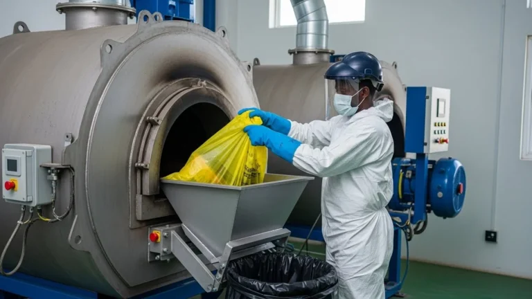 Waste management technician in full PPE loading a yellow infectious waste bag into a medical waste incinerator at a facility in Lagos, Nigeria.