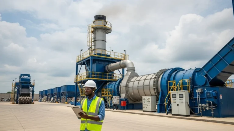 Modern waste disposal methods showing an engineer operating a smoke-free rotary kiln incinerator and industrial compactor in a compliant Nigerian facility.