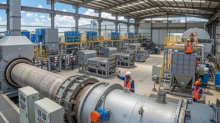 Professional waste management services equipment facility in Nigeria showing incinerators, thermal desorption units, and processing systems
