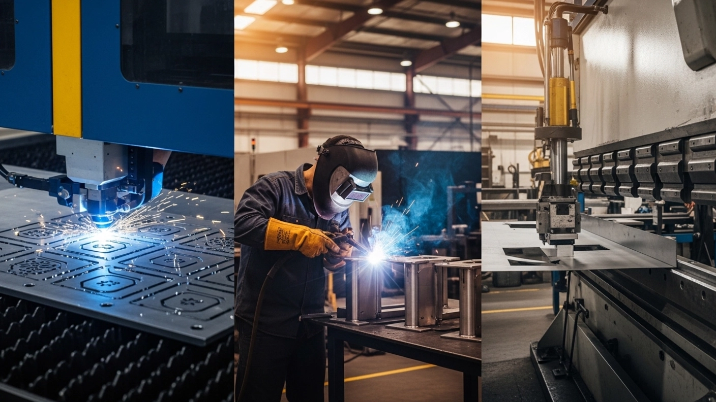 Choosing metal fabrication method including laser cutting plasma welding and CNC forming equipment in professional Port Harcourt industrial workshop