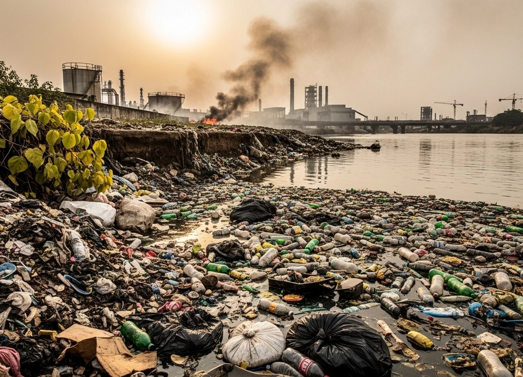 Environmental impact of improper waste management — polluted waterway in Nigeria