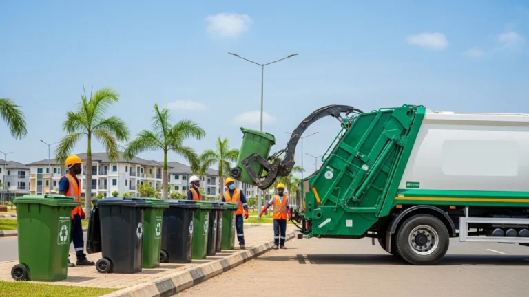 Municipal solid waste collection truck with hydraulic lift loading residential waste bins on urban Nigerian street with workers in safety equipment