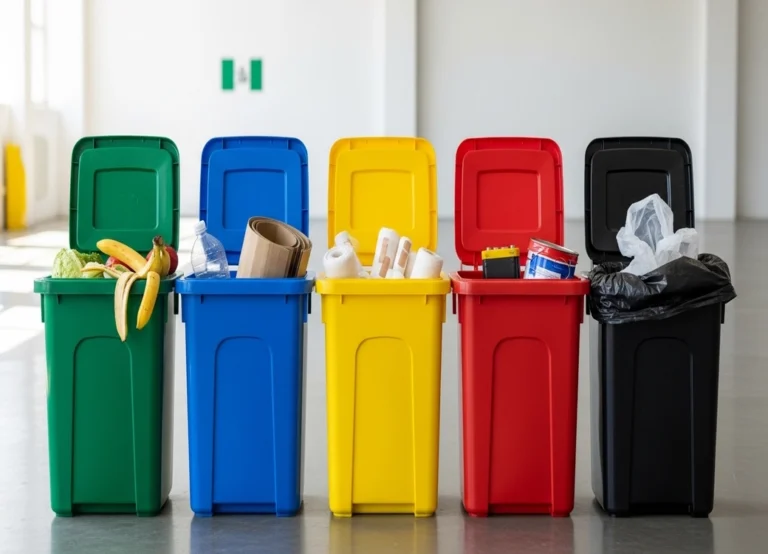 Five colour coded waste bins for waste segregation in Nigeria showing green for organic waste, blue for recyclable waste, yellow for medical waste, red for hazardous waste, and black for general waste