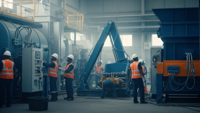 Waste management equipment maintenance in Nigeria showing engineers servicing industrial incinerator and compactor machinery