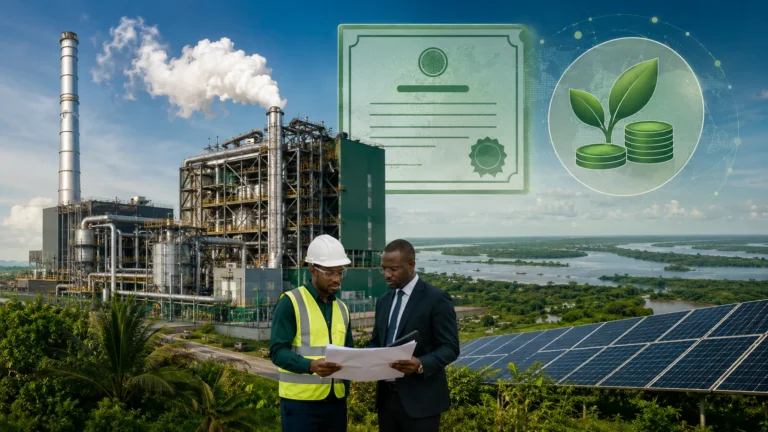 Industrial waste-to-energy facility in Nigeria with carbon credits and green bond financing symbols, representing climate finance pathways for WtE project developers